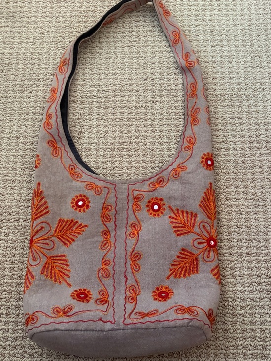 Handbags - Hand-Embroidered Shoulder Bag with Orange Floral Accents